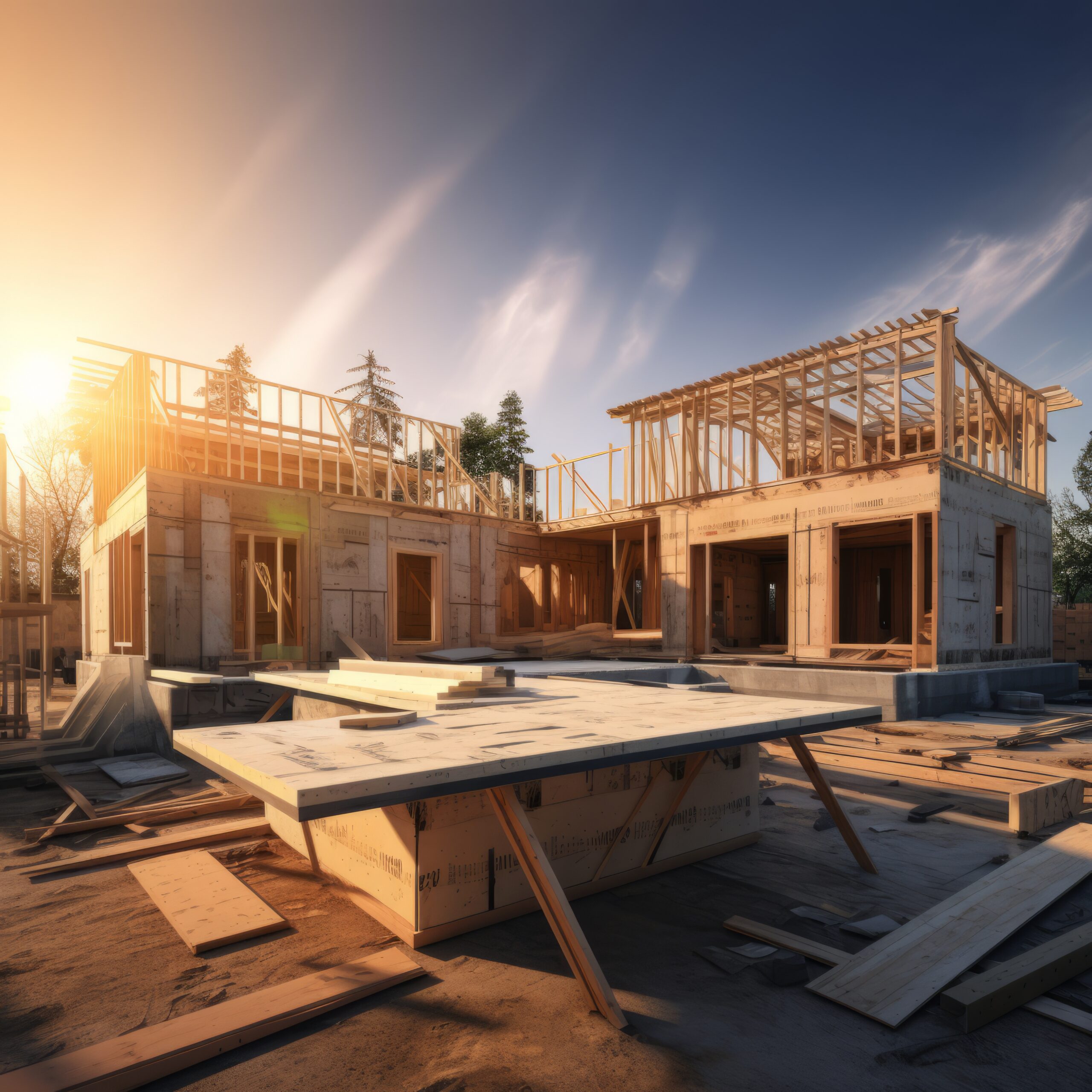 Concept of a construction site. Wooden boards and structures in nature. Blue sky. Building a wooden house. Eco-friendly home.